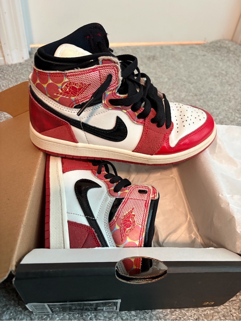 Jordan High-Top Sneakers in Red, White & Black with Patterned Ankle